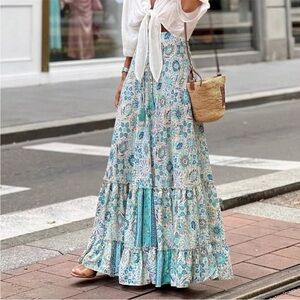 Boho Floral Print Stretchy Waist Ruffle Hem Maxi Skirt Blue